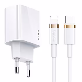 USAMS tīkla lādētājs 1XUSB-C T34 20W 5V-3A PD3.0 + kabelis U63 USB-C uz Lightning 20W balts T49OCLN01