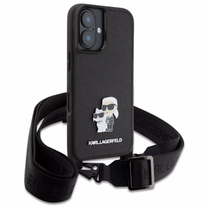 Karl Lagerfeld Saffiano Karl&Choupette Metal Pin CBDY siksna iPhone 16 viedtālruņa apvalks – melns