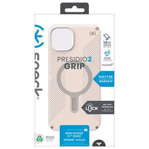 Speck Presidio2 Grip MagSafe vāciņš ar ClickLock ierīcei iPhone 15 Plus / 14 Plus, “Bleached Bone / Heirloom Gold” krāsā