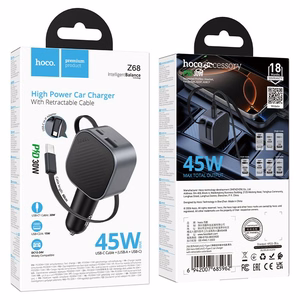 Automašīnas lādētājs Hoco Z68, USB-A + USB-C, PD QC3.0, 45 W, ar izvelkamu USB-C kabeli, melns