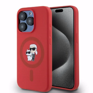 Karl Lagerfeld silikona Karl&Choupette galvu gredzens Magnētiskais viedtālruņa apvalks iPhone 15 Pro - Sarkans