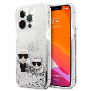 Karl Lagerfeld Šķidrie spīdumi Karl&Choupette viedtālruņa apvalks iPhone 13 Pro Max 6.7" - sudraba