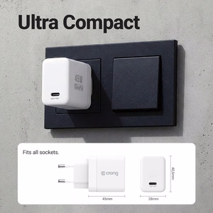 Crong Ultra Compact GaN USB-C sienas lādētājs, 45 W PD 3.0, PPS, balts