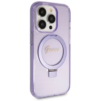 Guess Magnētiskā viedtālruņa apvalks ar gredzena statīvu Script Glitter MagSafe iPhone 14 Pro - violeta