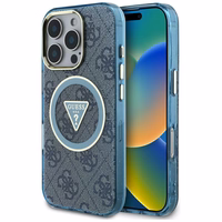 Guess IML Metal Glitter 4G Circle Triangle magnētiskais viedtālruņa apvalks iPhone 16 Pro - zils
