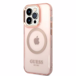 Guess GUHMP14LHTCMP iPhone 14 Pro 6.1" rozā/rozā cietais apvalks Zelta kontūra Caurspīdīgs Magnētiskais