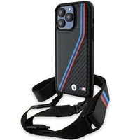 BMW M Edition oglekļa trīskrāsu līnijas un siksna viedtālruņa apvalks iPhone 15 Pro - melns