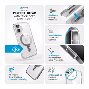 Speck Presidio Perfect-Clear vāciņš ar MagSafe un ClickLock iPhone 16 tālrunim, Clear/Chrome