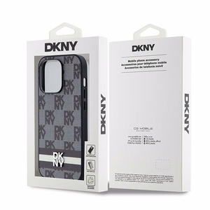DKNY ādas rūtainais mono raksts un drukātas svītras viedtālruņa apvalks iPhone 14 Pro - melns