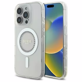 Guess IML Rhinestones magnētiskais viedtālruņa apvalks iPhone 16 Pro - balts
