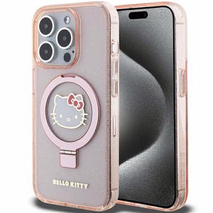 Hello Kitty gredzena statīvs spīdīgs Electrop Logo magnētiskais viedtālruņa apvalks iPhone 15 Pro - rozā