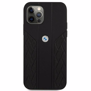 BMW ādas apvalks ar izliektu perforāciju iPhone 12 Pro Max - melns