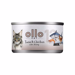 Ollo Cat No. 12 – mitrā kaķu barība ar tunci, vistas gaļu un garnelēm želejā, 70 g