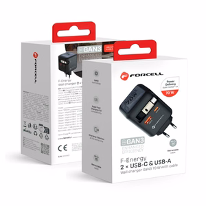 FORCELL F-ENERGY GaN III VT-R7 ceļojumu lādētājs ar izvelkamu kabeli Type C un 1x Type C, 1x USB A uzlādes portiem PD QC4.0 3A 70W pelēks