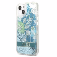 Guess GUHCP13SLFLSN iPhone 13 mini 5.4" zaļš/zaļš cietais viedtālruņa apvalks ar ziedu šķidro spīdumu