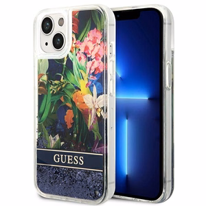 Guess GUHCP14MLFLSB iPhone 14 Plus 6.7 "zils/zils cietais apvalks Flower Liquid Glitter