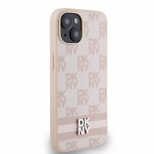 DKNY Ādas rūtainais mono raksts un drukātās svītras viedtālruņa apvalks iPhone 15 Plus / 14 Plus - rozā