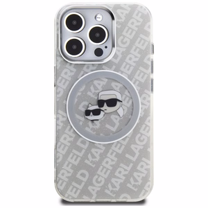 Karl Lagerfeld IML Glitter Karl & Choupette Heads Logo MagSafe maciņš iPhone 16 Pro Max - pelēks