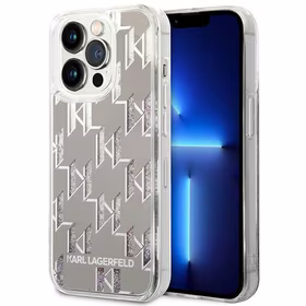 Karl Lagerfeld KLHCP14LLMNMS iPhone 14 Pro 6.1 cietais viedtālruņa apvalks sudraba šķidrs mirdzums Monogram