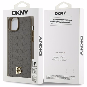 DKNY Ādas raksts metāla logotips Magnētiskais viedtālruņa apvalks iPhone 15 Plus / 14 Plus - brūna