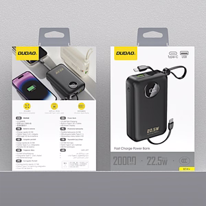 Dudao K14+ portatīvais lādētājs 20000mAh 22.5W USB-C / USB-A / iebūvēti Lightning un USB-C kabeļi - melns