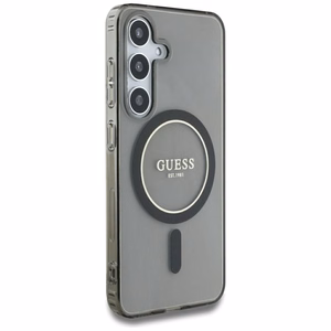 Guess mirdzošs apļa klasiskā logotipa magnētiskais viedtālruņa apvalks Samsung Galaxy S25 melns
