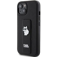 Karl Lagerfeld Gripstand Saffiano Choupette Pins apvalks viedtālrunim iPhone 15 Plus / 14 Plus - melns