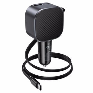 Automašīnas lādētājs Hoco Z68, USB-A + USB-C, PD QC3.0, 45 W, ar izvelkamu USB-C kabeli, melns