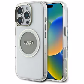 Guess IML Metal Colored Circle Classic Logo Magnētiskais viedtālruņa apvalks iPhone 16 Pro - pelēks