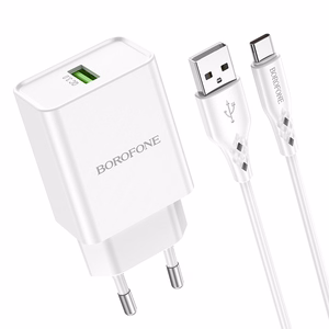 Lādētājs Borofone BN5 Sunlight - USB - QC 3.0 18W ar USB-C kabeli balts
