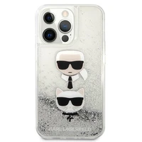 Karl Lagerfeld Šķidrs Glitter Karl&Choupette Galvas viedtālruņa apvalks iPhone 13 Pro Max - sudraba