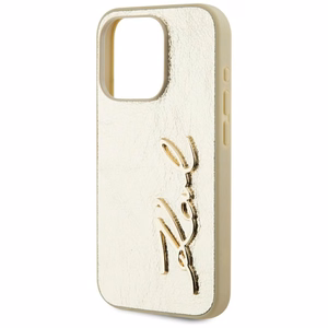 Karl Lagerfeld Wrinkled Metal Signature viedtālruņa apvalks iPhone 15 Pro - zelta
