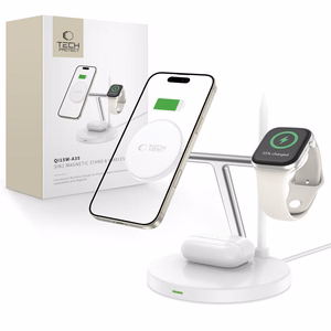 Tech-Protect QI15W-A35 3 vienā indukcijas lādētājs ar MagSafe tālrunim / AirPods / Apple Watch - balts