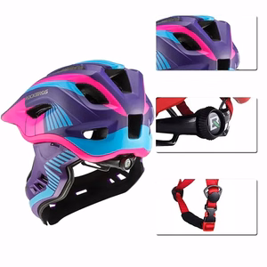 Rockbros TT-32SBPP-S bērnu velosipēda ķivere ar noņemamu zoda aizsargu izmērs S - violeta-rozā