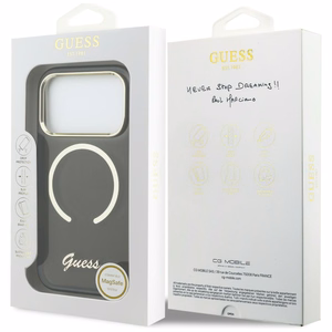 Guess IML Script Metal MagSafe Maciņš for iPhone 17 Pro - melns