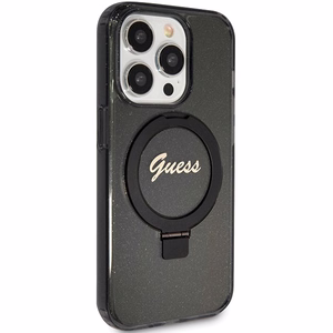 Guess viedtālruņa apvalks ar statīvu Ring Stand Script Glitter magnētiskais iPhone 15 Pro - melns