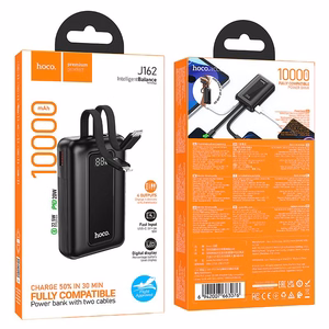 Hoco J162 ārējais akumulators ar iebūvētiem USB-C un Lightning kabeļiem, 10000 mAh, QC, PD, 22,5 W, melns