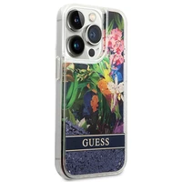Guess GUHCP14LLFLSB iPhone 14 Pro 6.1 zils / zils kietais viedtālruņa apvalks Flower Liquid Glitter