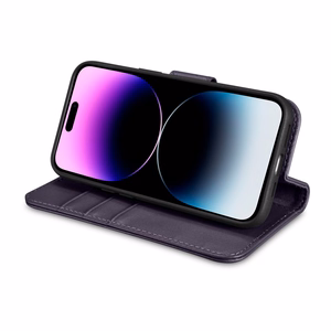 iCarer Viedtālruņa apvalks 2in1 no ādas ar atlokāmu vāciņu Anti-RFID tumši violetais iPhone 14 Pro (WMI14220726-DP)