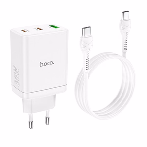 Lādētājs Hoco 2 x USB C + USB A QC3.0 PD 3A 35W N33 + Kabelis USB C uz USB C N33 balts