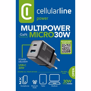 Cellularline Multipower Micro GaN USB-C un USB-A Power Delivery tīkla lādētājs, 30 W, melns