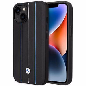 Viedtālruņa apvalks BMW BMHCP14S22RVSK iPhone 14 6.1" melna/melna cietais apvalks Ādas Zīmogs Zilas Līnijas