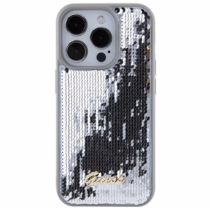 Guess Spīguļu Metāla Uzraksts viedtālruņa apvalks iPhone 15 Pro - sudraba