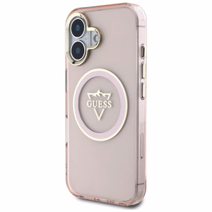 Guess IML Metal Mountain Logo Magnētiskais iPhone 16 viedtālruņa apvalks - rozā