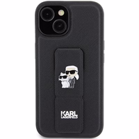Karl Lagerfeld Gripstand Saffiano Karl&Choupette Pins viedtālruņa apvalks iPhone 15 - melns
