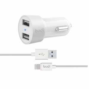 Budi BD622LW automašīnas lādētājs ar 2 USB-A pieslēgvietām, ar LED indikatoru, ar Lightning kabeli