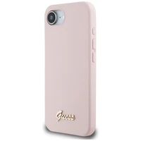 Guess Silicone Script Metal Logo MagSafe viedtālruņa apvalks iPhone 16e - rozā