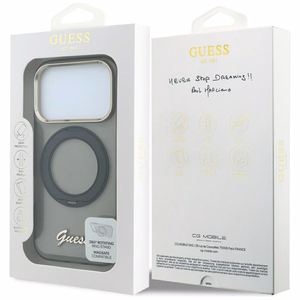 Guess IML Ring Stand 360 Script Metal Logo MagSafe maciņš modelim iPhone 17 Pro / 18 Pro – melns