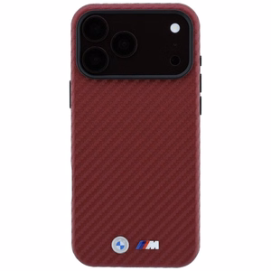 BMW aizsargvāciņš ierīcei iPhone 18 Pro / 17 Pro: (Carbon Metal Logo), saderīgs ar MagSafe, krāsa – bordo
