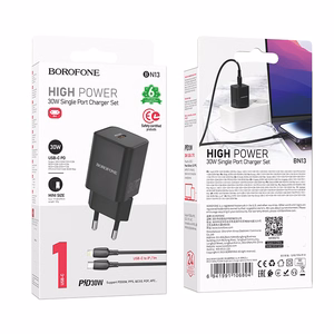 Borofone Sienas lādētājs BN13 Safety GaN - Type C - PD 30W ar Type C uz Lightning kabeli melns